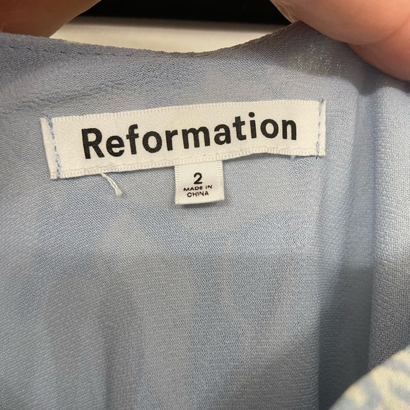 Reformation Rudie Draped Ruffled Floral Print Crepe Mini Dress Light Blue Size 2 - Picture 6 of 8